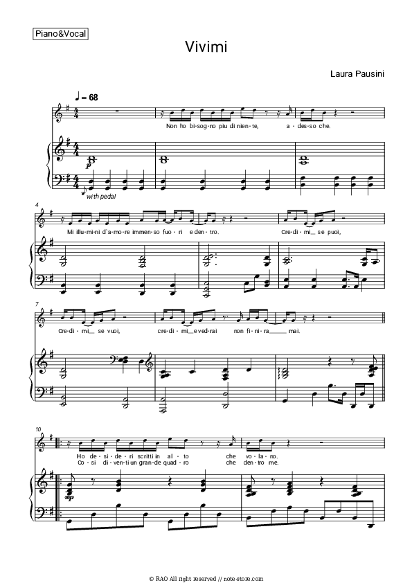 Vivimi - Laura Pausini Piano Sheet Music with the Voice part - Piano&Vocal