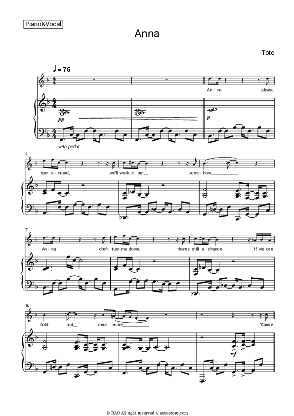 Anna - Toto Piano Sheet Music with the Voice part - Piano&Vocal