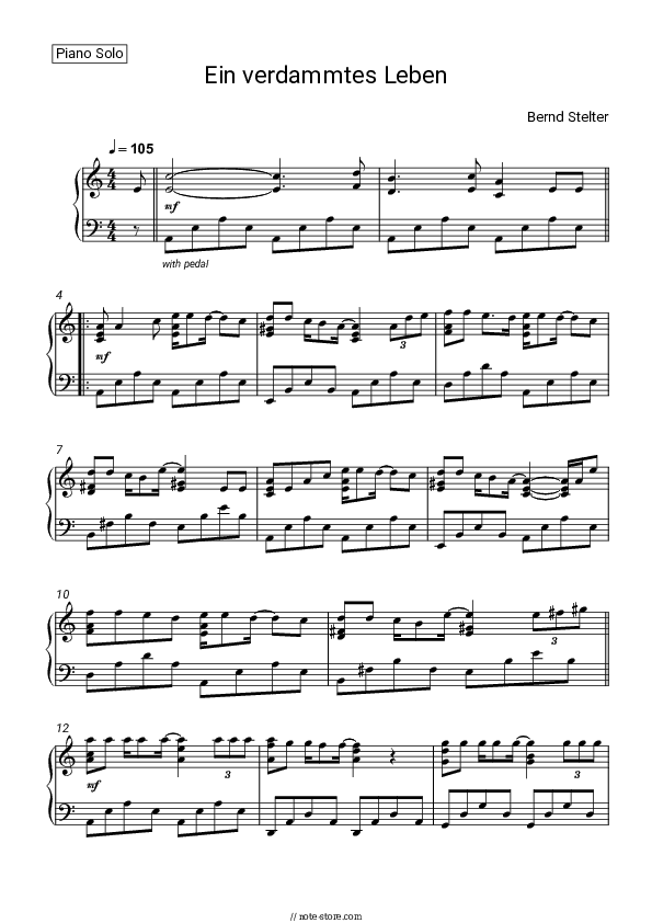Ein verdammtes Leben - Bernd Stelter Piano Sheet Music - Piano.Solo