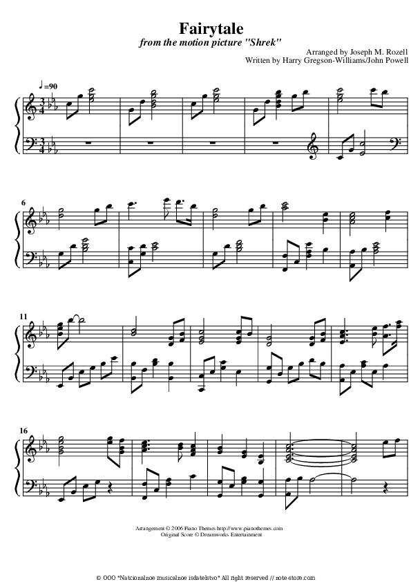 Fairytale - Harry Gregson-Williams, John Powell Piano Sheet Music - Piano.Solo