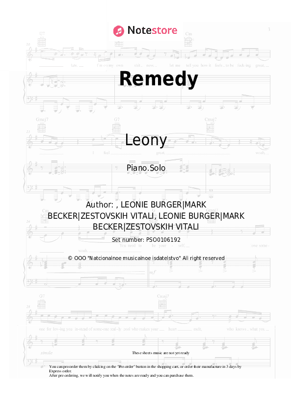 Remedy - Leony Piano Sheet Music - Piano.Solo