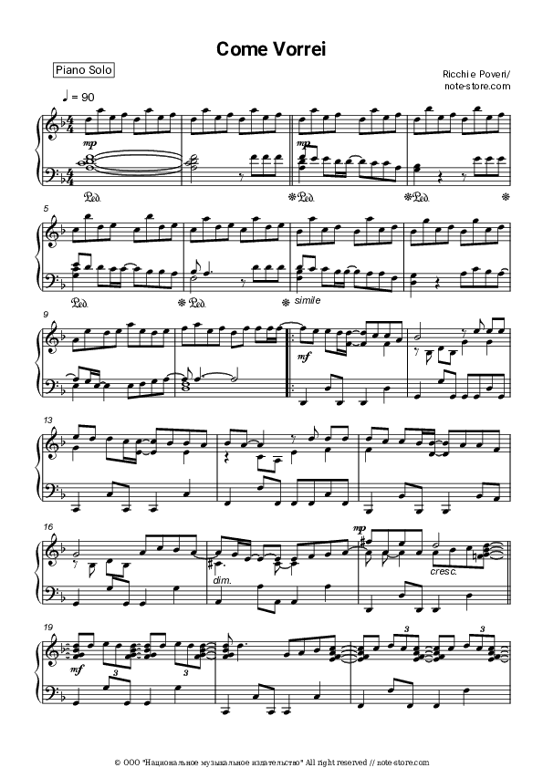 Come vorrei - Ricchi e Poveri Piano Sheet Music - Piano.Solo