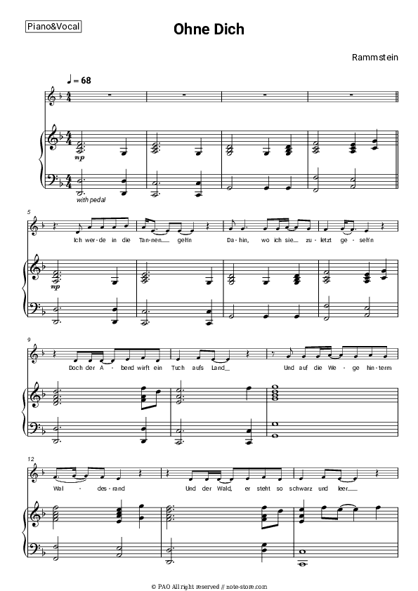 Ohne Dich - Rammstein Piano Sheet Music with the Voice part - Piano&Vocal
