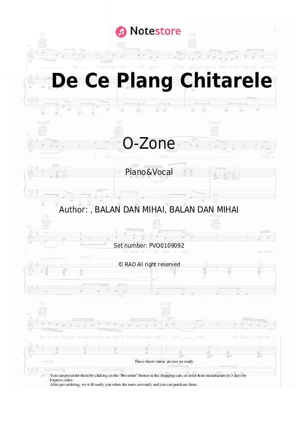 De Ce Plang Chitarele - O-Zone Piano Sheet Music with the Voice part - Piano&Vocal