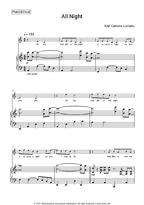 All Night - RAF Camora, Luciano Piano Sheet Music with the Voice part - Piano&Vocal