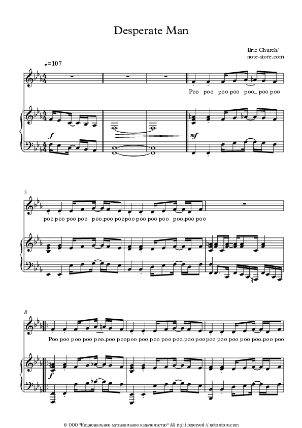 Desperate Man - Eric Church Piano Sheet Music with the Voice part - Piano&Vocal