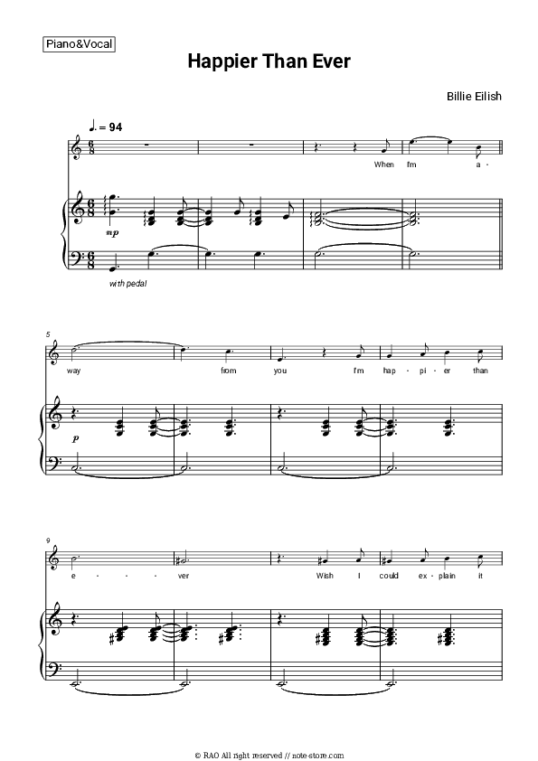 Happier Than Ever - Billie Eilish Piano Sheet Music with the Voice part - Piano&Vocal