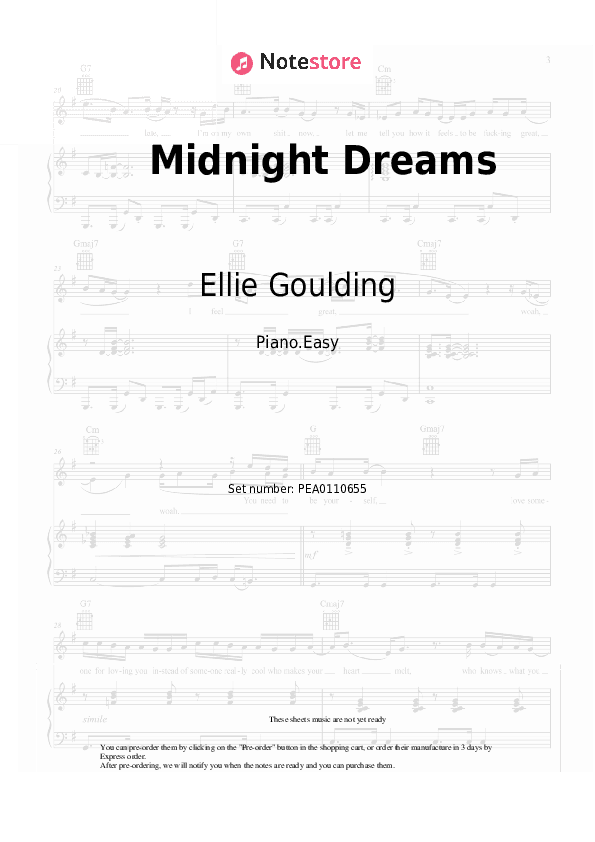 Midnight Dreams - Ellie Goulding Piano Sheet Music Easy - Piano.Easy