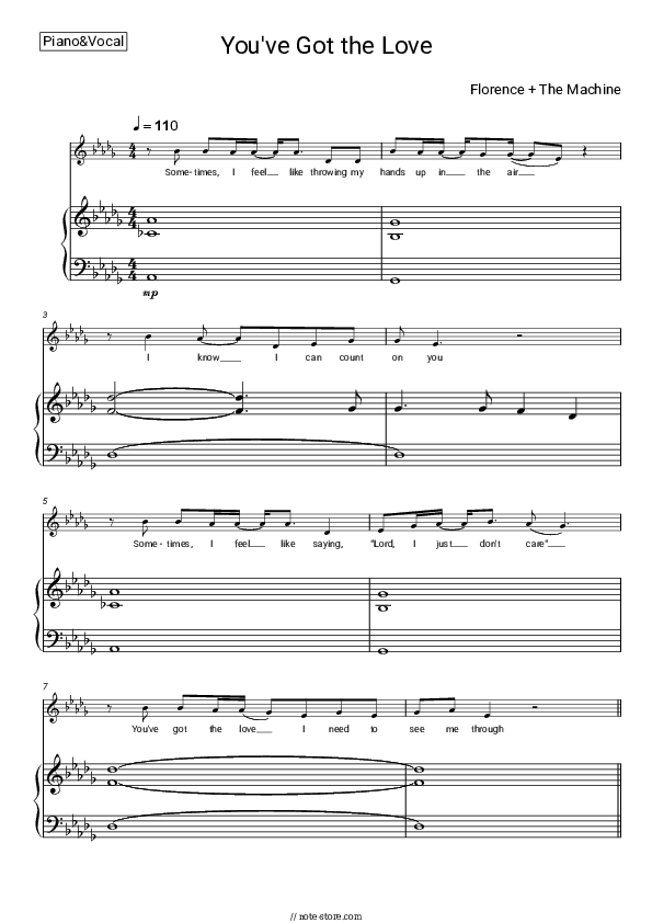 You've Got the Love - Florence + The Machine Piano Sheet Music with the Voice part - Piano&Vocal