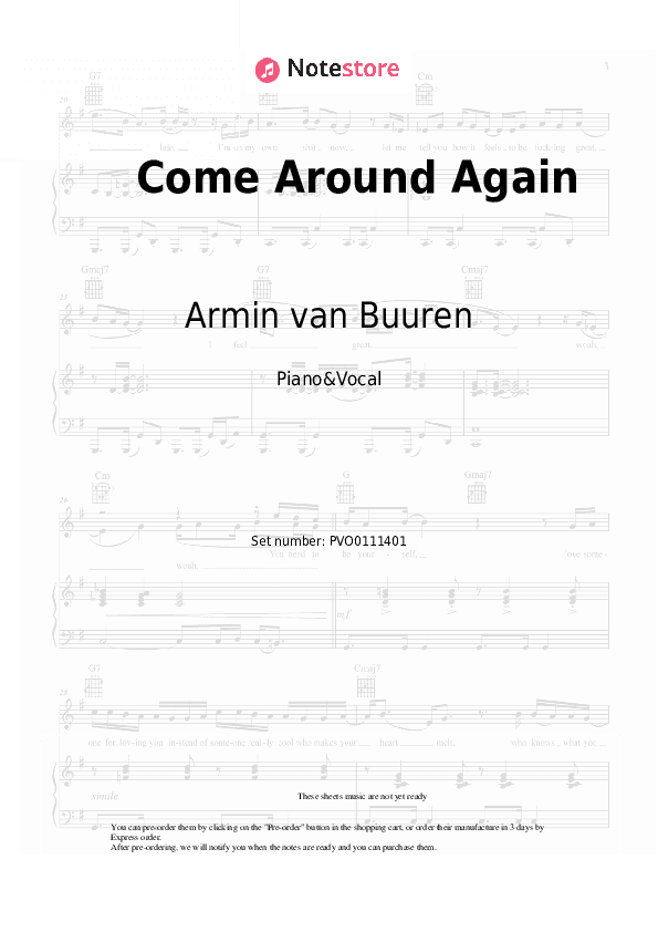 Come Around Again - Armin van Buuren, Billen Ted, JC Stewart Piano Sheet Music with the Voice part - Piano&Vocal