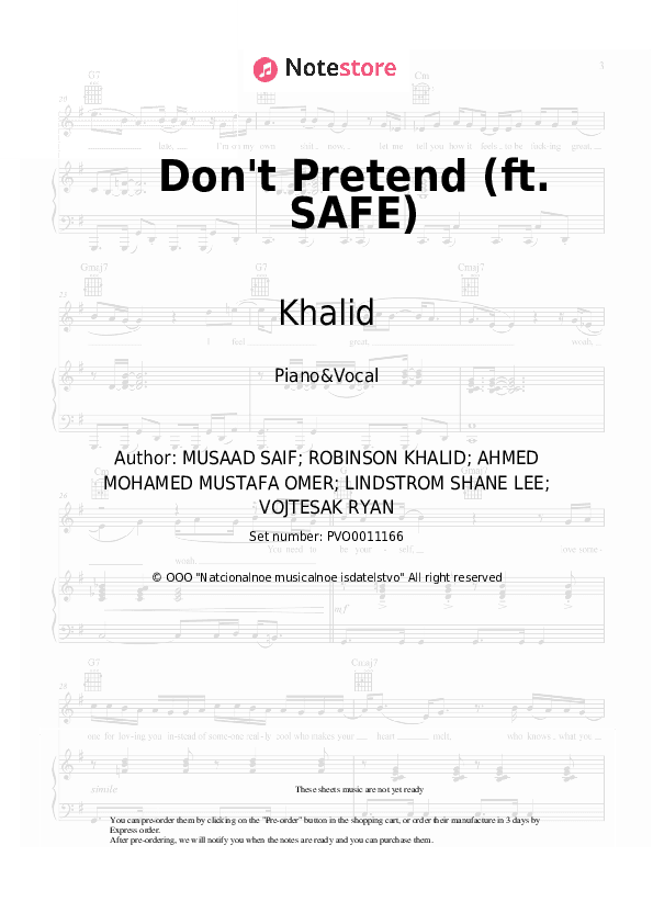 Don't Pretend (ft. SAFE) - Khalid Piano Sheet Music with the Voice part - Piano&Vocal