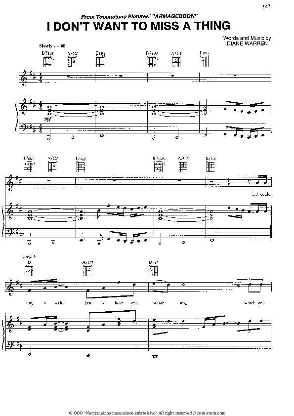 I Don't Want To Miss A Thing - Aerosmith Piano Sheet Music with the Voice part - Piano&Vocal