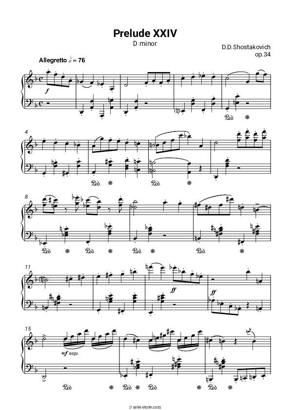 Prelude in D minor, op.34 No. 24 - Dmitri Shostakovich Piano Sheet Music - Piano.Solo