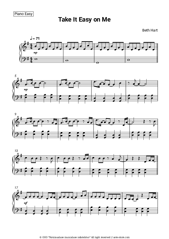 Take It Easy On Me - Beth Hart Piano Sheet Music Easy - Piano.Easy