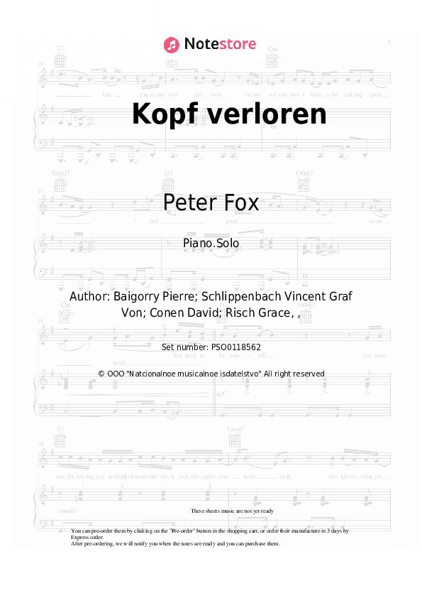 Kopf verloren - Peter Fox Piano Sheet Music - Piano.Solo