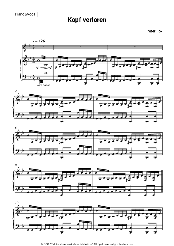 Kopf verloren - Peter Fox Piano Sheet Music with the Voice part - Piano&Vocal