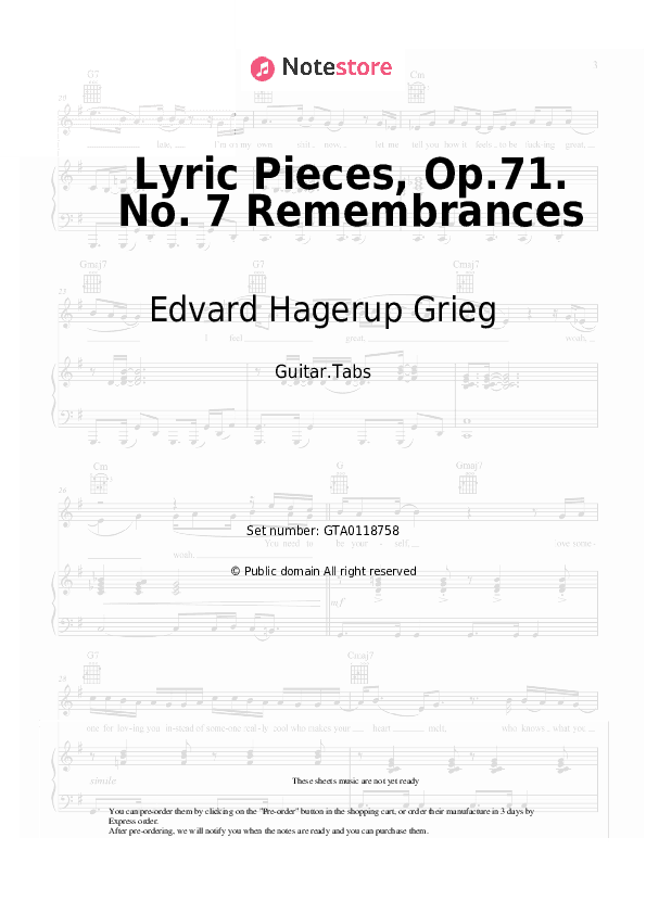 Lyric Pieces, Op.71. No. 7 Remembrances - Edvard Hagerup Grieg Tabs - Guitar.Tabs