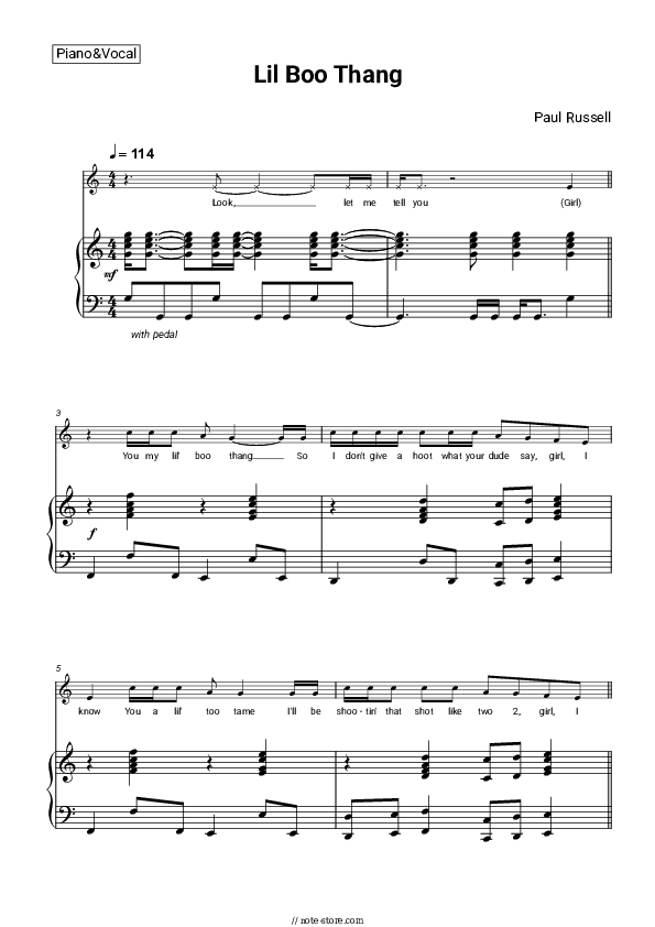 Lil Boo Thang - Paul Russell Piano Sheet Music with the Voice part - Piano&Vocal