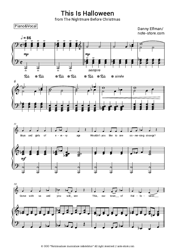 This Is Halloween (OST The Nightmare Before Christmas) - Danny Elfman Piano Sheet Music with the Voice part - Piano&Vocal