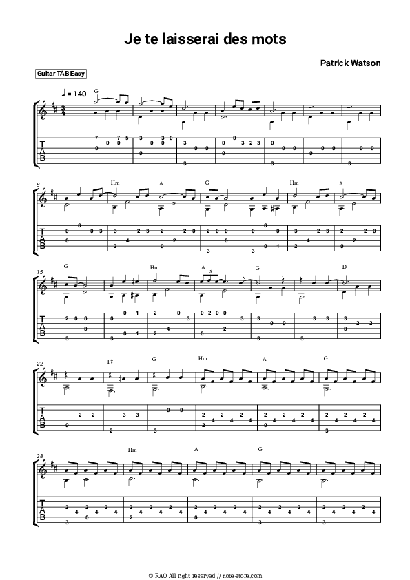Je te laisserai des mots - Patrick Watson Tabs Easy - Guitar.Tab.Easy