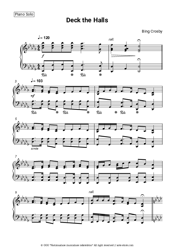 Deck the Halls - Bing Crosby Piano Sheet Music - Piano.Solo