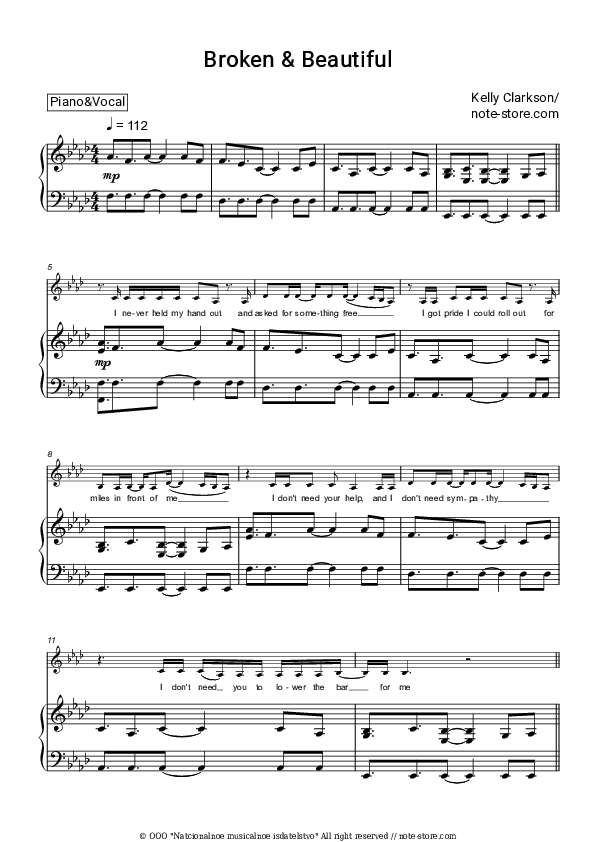 Broken & Beautiful - Kelly Clarkson Piano Sheet Music with the Voice part - Piano&Vocal