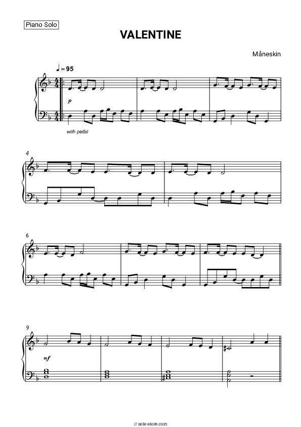 VALENTINE - Måneskin Piano Sheet Music - Piano.Solo