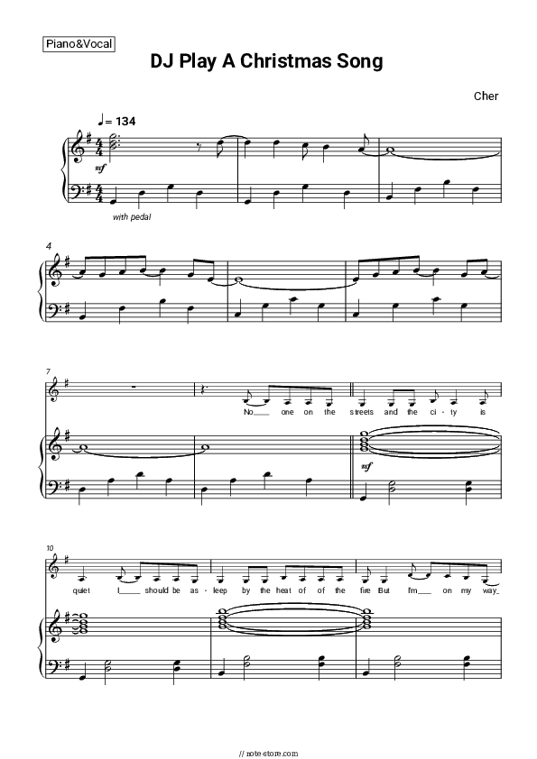 DJ Play A Christmas Song - Cher Piano Sheet Music with the Voice part - Piano&Vocal