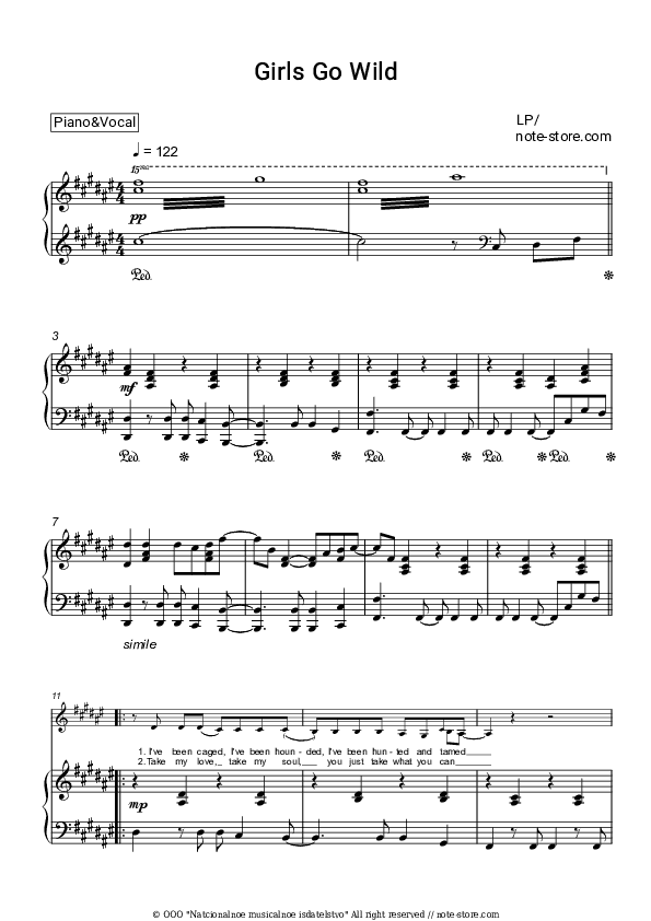 Girls Go Wild - LP Piano Sheet Music with the Voice part - Piano&Vocal