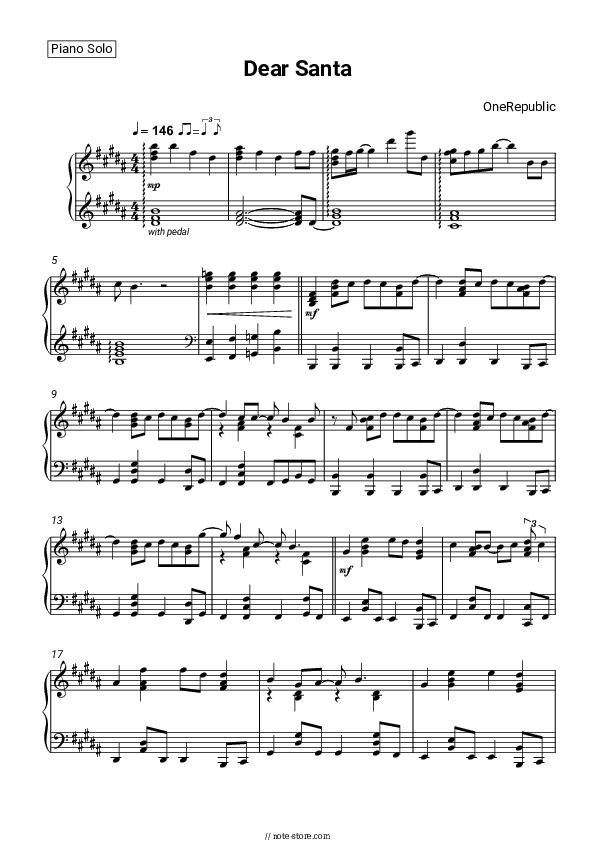 Dear Santa - OneRepublic Piano Sheet Music - Piano.Solo