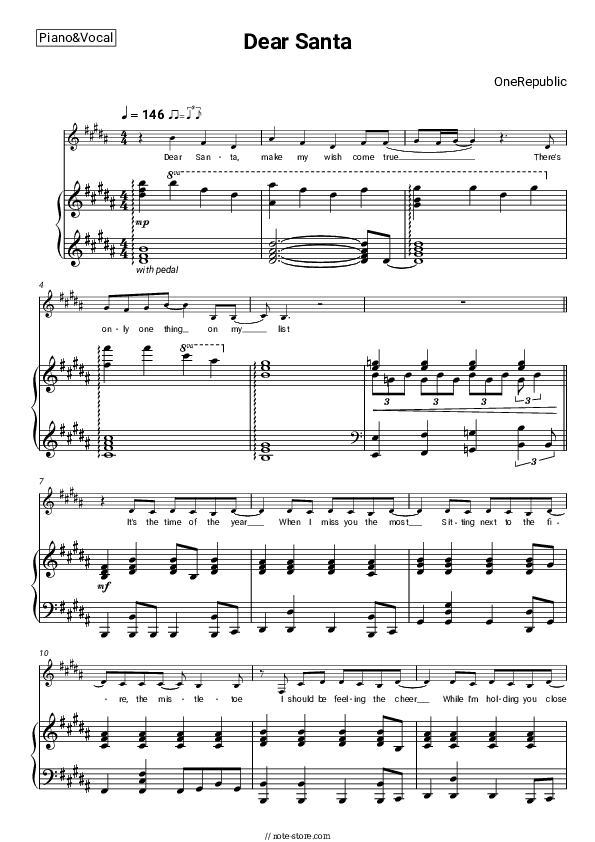 Dear Santa - OneRepublic Piano Sheet Music with the Voice part - Piano&Vocal