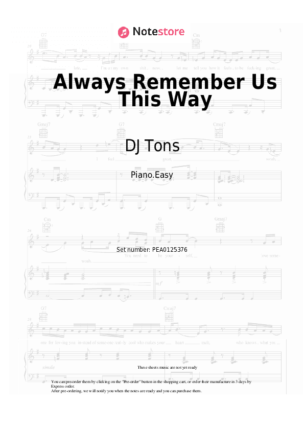Always Remember Us This Way - DJ Tons Piano Sheet Music Easy - Piano.Easy