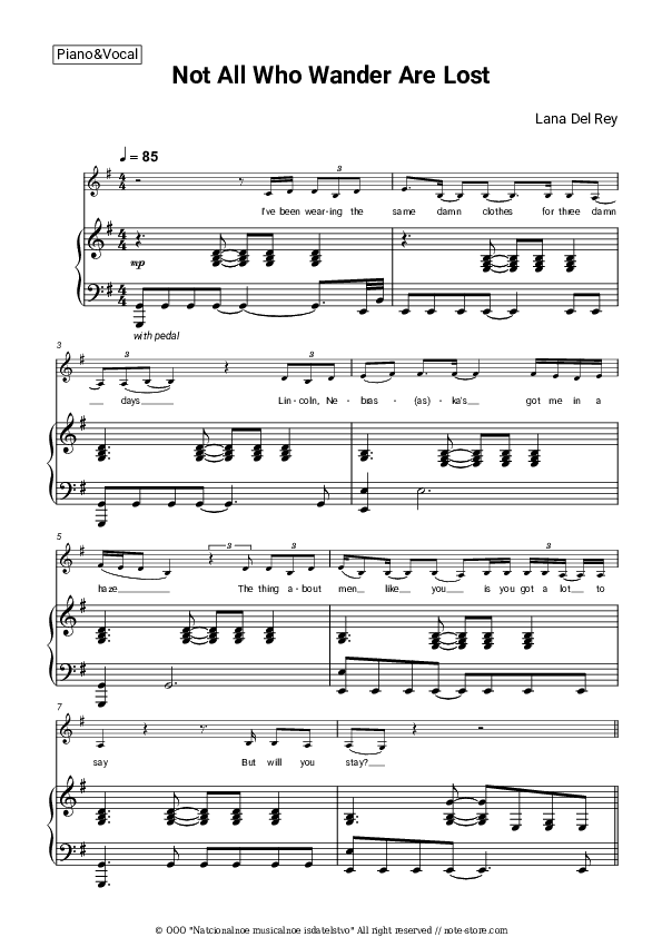 Not All Who Wander Are Lost - Lana Del Rey Piano Sheet Music with the Voice part - Piano&Vocal