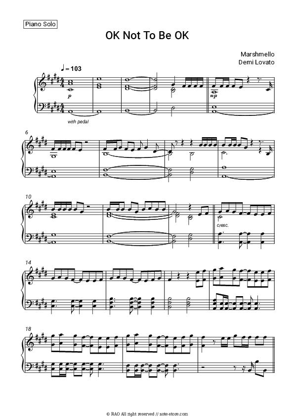 OK Not To Be OK - Marshmello, Demi Lovato Piano Sheet Music - Piano.Solo