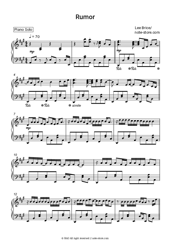 Rumor - Lee Brice Piano Sheet Music - Piano.Solo