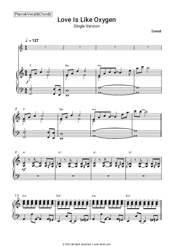 Love Is Like Oxygen - Sweet Piano Sheet Music with the Vocal and Chords - Piano&Vocal&Chords