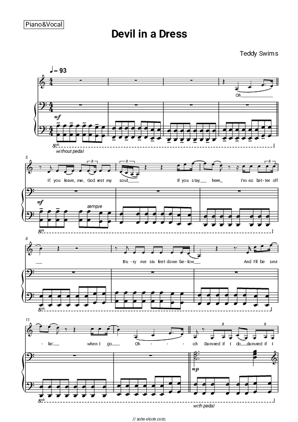 Devil in a Dress - Teddy Swims Piano Sheet Music with the Voice part - Piano&Vocal