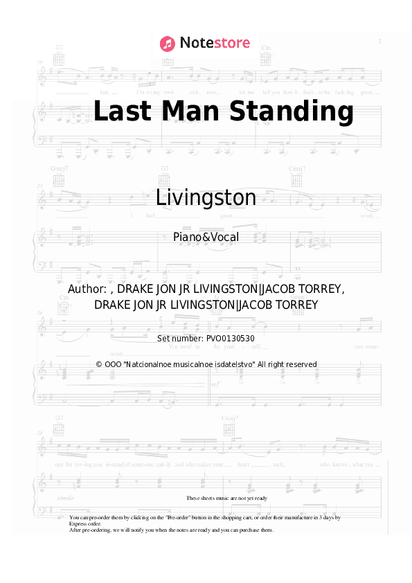 Last Man Standing - Livingston Piano Sheet Music with the Voice part - Piano&Vocal