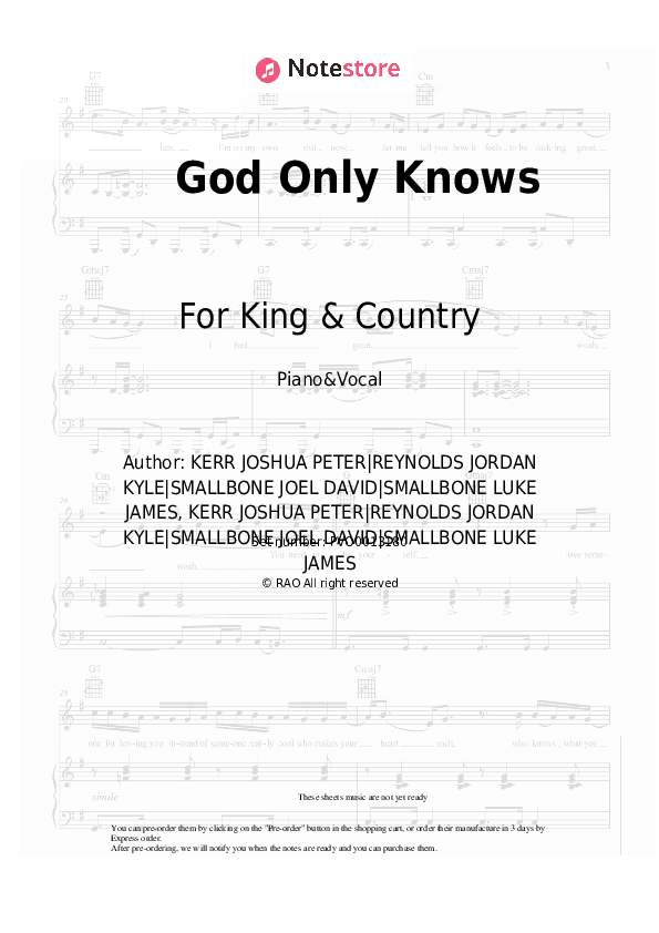 God Only Knows - For King & Country Piano Sheet Music with the Voice part - Piano&Vocal