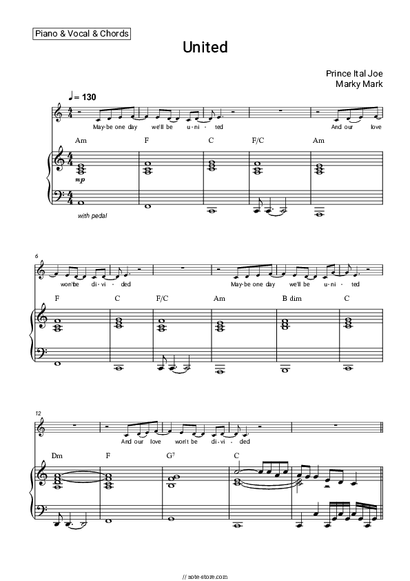 United - Prince Ital Joe, Marky Mark Piano Sheet Music with the Vocal and Chords - Piano&Vocal&Chords