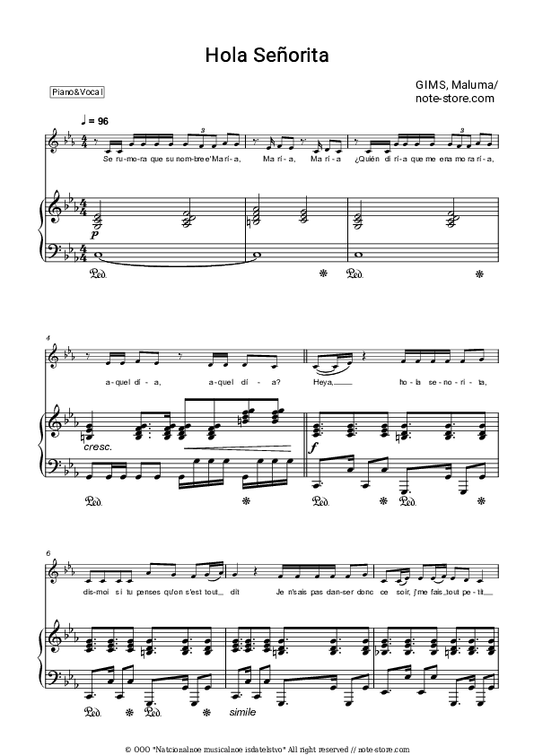 Hola Senorita - GIMS (Maître Gims), Maluma Piano Sheet Music with the Voice part - Piano&Vocal