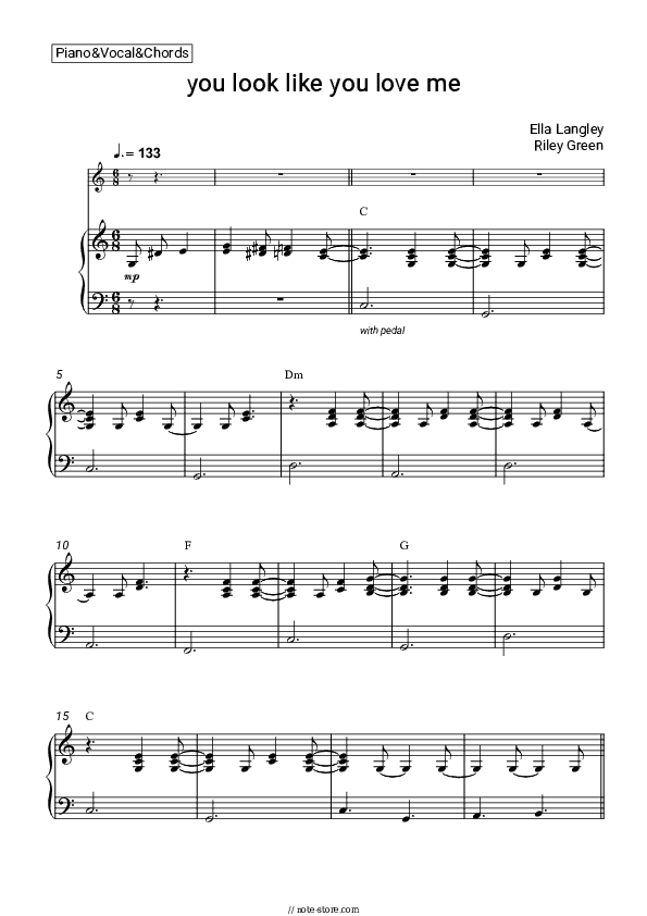 you look like you love me - Ella Langley, Riley Green Piano Sheet Music with the Vocal and Chords - Piano&Vocal&Chords