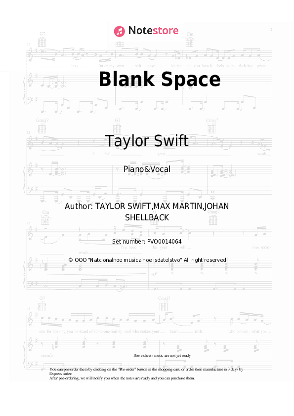 Blank Space - Taylor Swift Piano Sheet Music with the Voice part - Piano&Vocal