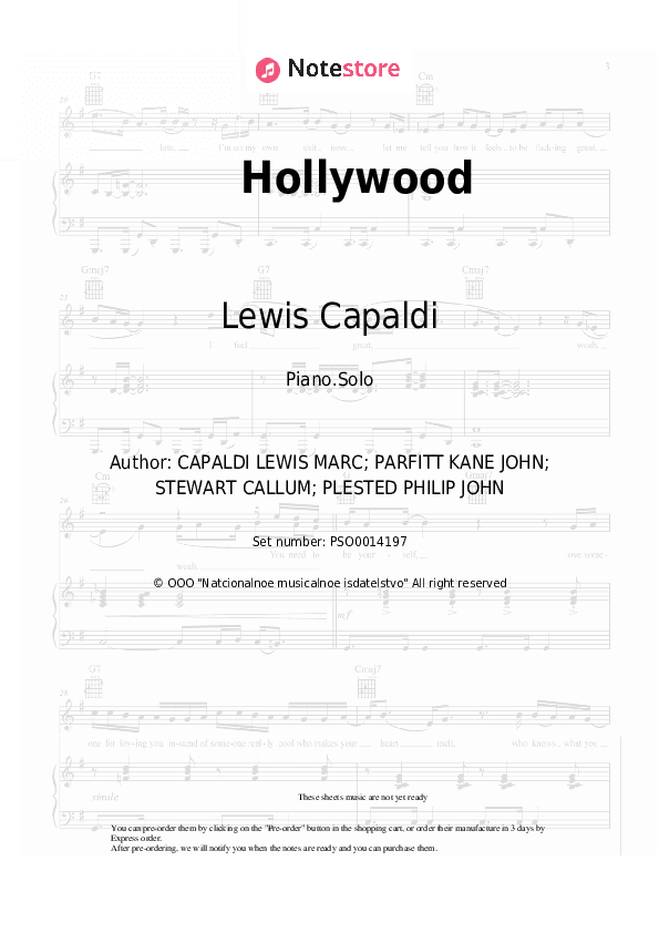Hollywood - Lewis Capaldi Piano Sheet Music - Piano.Solo