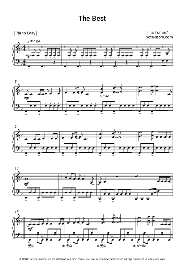 The best - Tina Turner Piano Sheet Music Easy - Piano.Easy