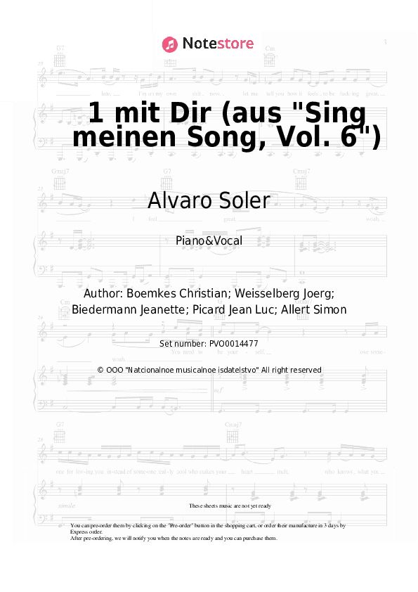 1 mit Dir (aus Sing meinen Song, Vol. 6) - Alvaro Soler Piano Sheet Music with the Voice part - Piano&Vocal