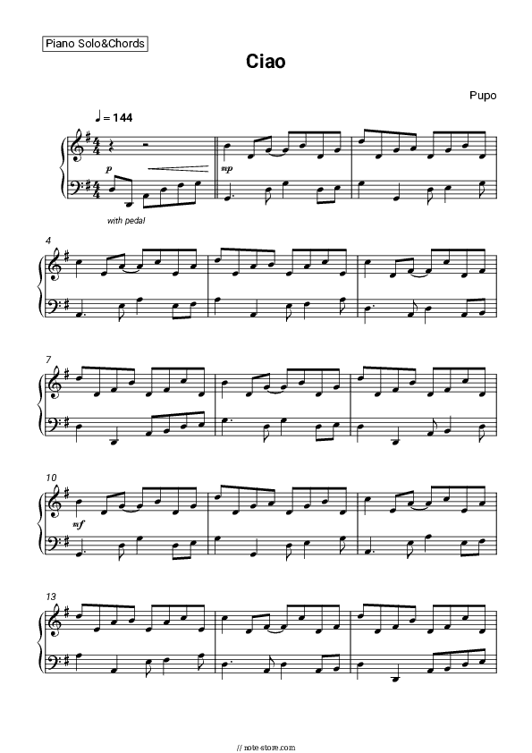 Ciao - Pupo Piano Sheet Music - Piano.Solo