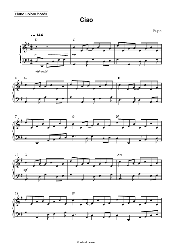 Ciao - Pupo Piano Sheet Music and Chords - Piano.Solo&Chords