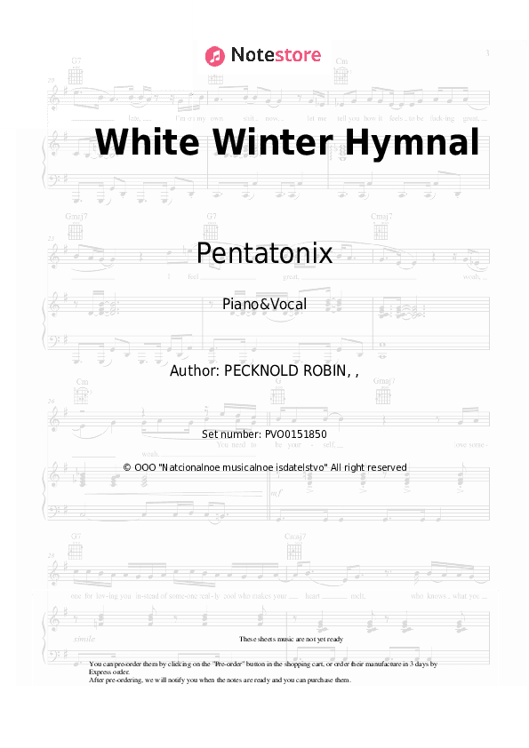 White Winter Hymnal - Pentatonix Piano Sheet Music with the Voice part - Piano&Vocal