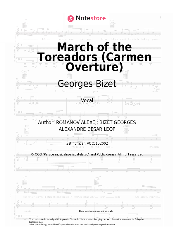 March of the Toreadors (Carmen Overture) - Georges Bizet Vocal Sheet Music - Vocal
